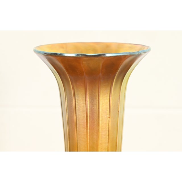 Tiffany Studios Louis Comfort Tiffany Furnaces Favrile Iridescent Art Glass Trumpet Vase on Bronze Doré Enameled Stand, 1920s For Sale - Image 4 of 11
