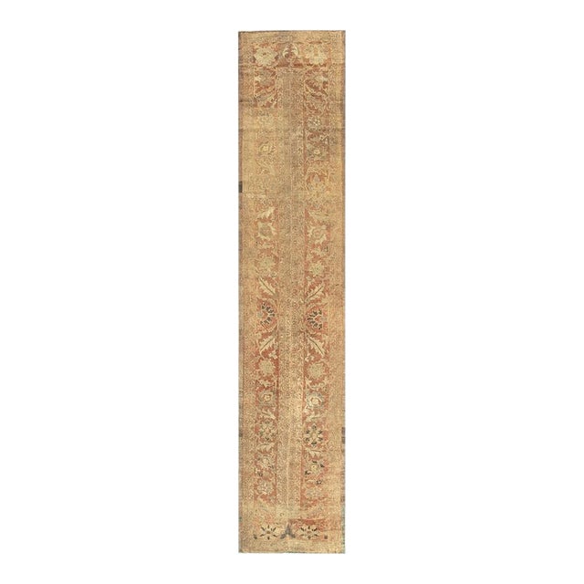1900s Beige Field Geometric Antique Indian Amritsar Knotted Hallway Runner Rug For Sale