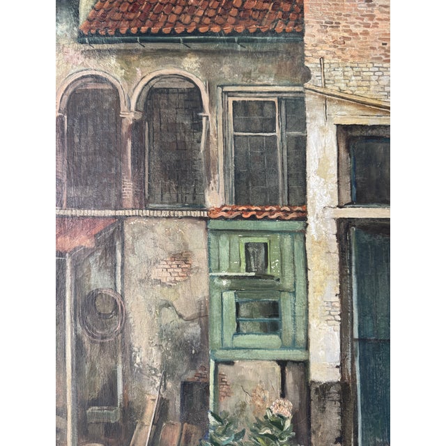 1947 Vintage European Courtyard Oil Painting on Canvas, Signed For Sale - Image 10 of 12