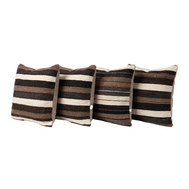 Mid-Century Modern Brown Striped Kilim Pillow Cover 19'' X 20'' - Set of Four For Sale - Image 3 of 4