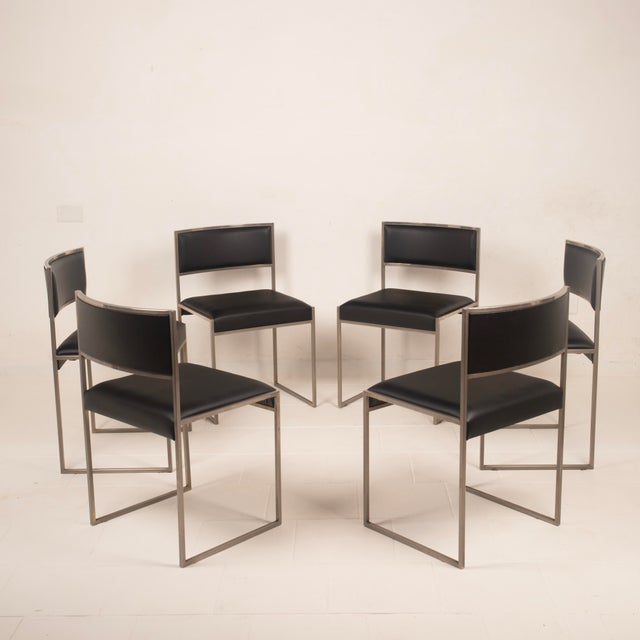 Metal Italian SQ Dining Chairs in Brushed Steel and Black Vegan-Leather, 1970s, Set of 6 For Sale - Image 7 of 18