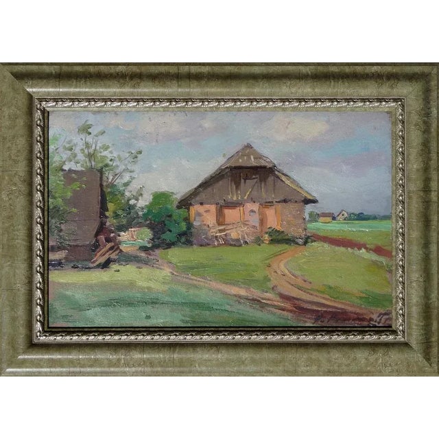 Modern Alfejs Bromults, Rural Life, 1950s, Oil on Cardboard For Sale - Image 3 of 3