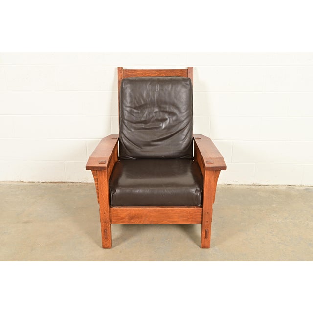 Mission Stickley Mission Oak Arts & Crafts Spindle Reclining Morris Lounge Chair For Sale - Image 3 of 12