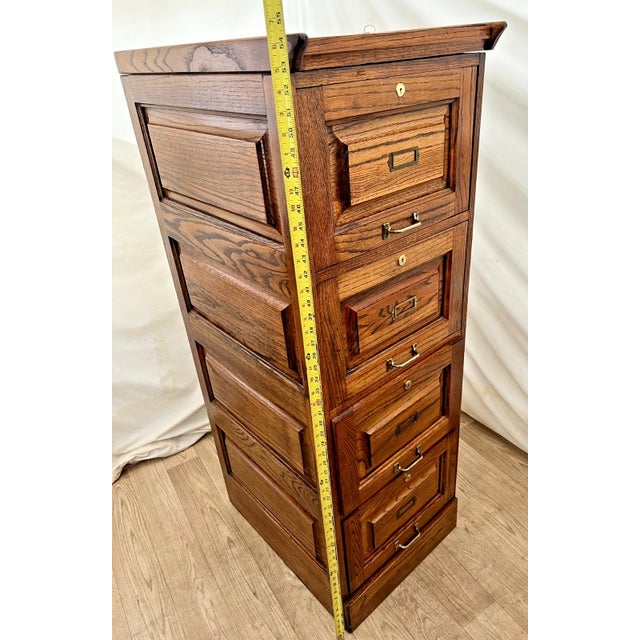 Vintage Tiger Oak File Cabinet Four Locking Drawers, Paneled Sides Legal Size For Sale - Image 9 of 12