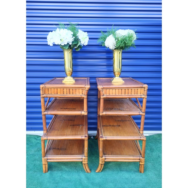 Vintage Rattan Bamboo Tiered Unique Extra Tall Side End Tables- a Pair ...