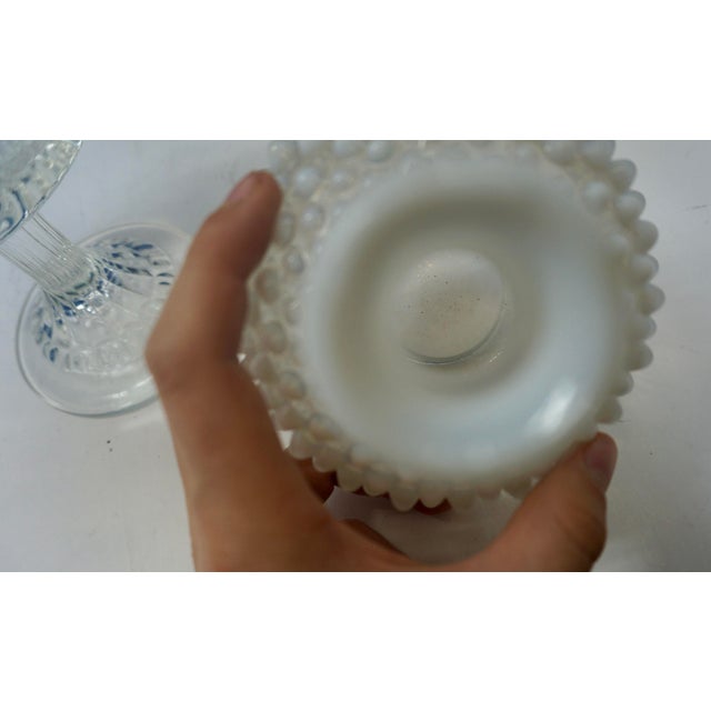 Mid-Century Modern Vintage Fenton Opalescent Hobnail & Ruffled Pedestal Glass Vignette - Set of 3 For Sale - Image 3 of 6