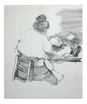 Woman in the Kitchen Modernist Ink Drawing 1940-60s