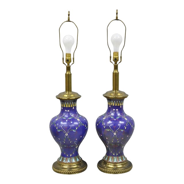Vintage Chinoiserie Blue Enamel Chinese Brass Jardinierie Table Lamps - A Pair For Sale