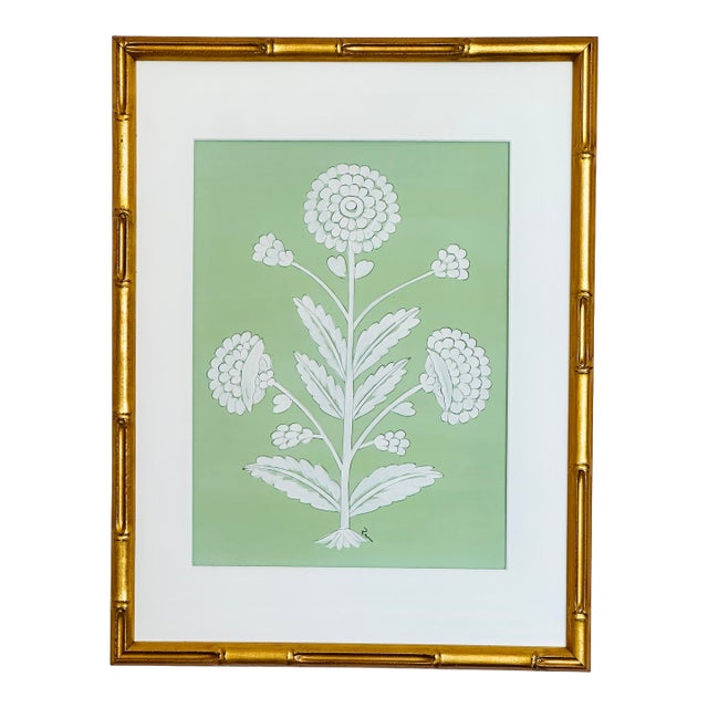 Original Hand-Painted Green & White Abstract Floral Motif Painting, For Sale
