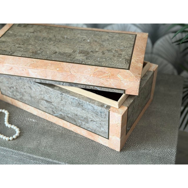 Mid-Century Modern Vintage Mid-Century Modern Postmodern Tessellated Marble Mactan Stone and Brass Jewelry Trinket Lidded Box With Velvet Interior by Maitland-Smith For Sale - Image 3 of 12