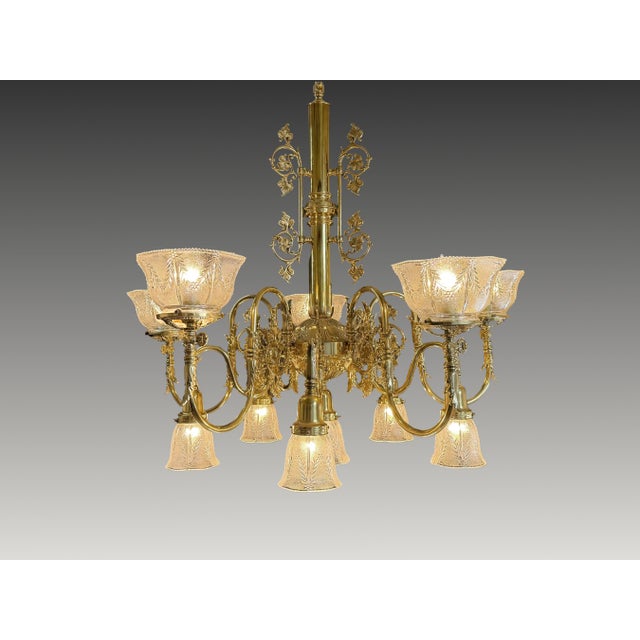 Vintage Brass 2-Up 2-Down Chandelier, Etched Glass Shades, Victorian Revival Lighting Fixture For Sale - Image 4 of 18