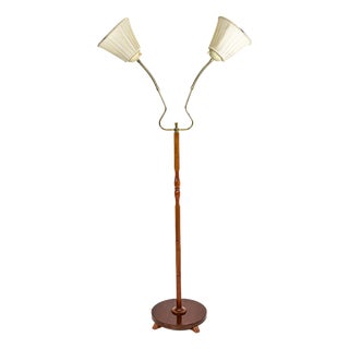 Swedish Modern Twin-Arm Floor Lamp in Teak and Brass, Sweden, 1950s For Sale