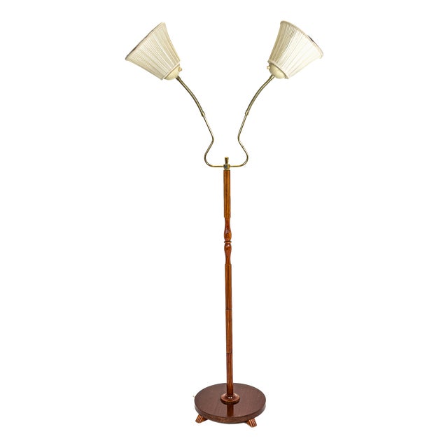 Swedish Modern Twin-Arm Floor Lamp in Teak and Brass, Sweden, 1950s For Sale