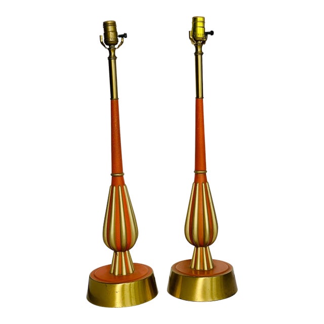 Vintage Mid-Century Modern, Atomic Ranch, Hollywood Regency Orange and Brass Lamps in the Style of Tony Paul- a Pair For Sale