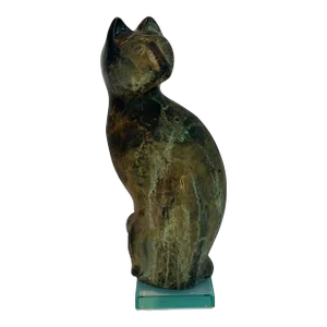 1980s Tony Evans Raku Pottery Green Cat Animal Ceramic Sculpture