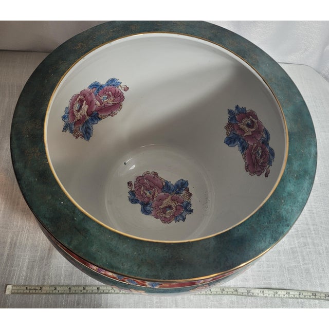 Vintage English Traditional Floral Jardinière | 17" Statement Vessel With Teal, Pink, Blue & Gold For Sale - Image 4 of 9
