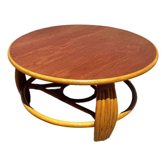 1950s Restored Mid-Century Five-Pole Rattan & Mahogany Coffee Table W/ Tri-Corner Base For Sale