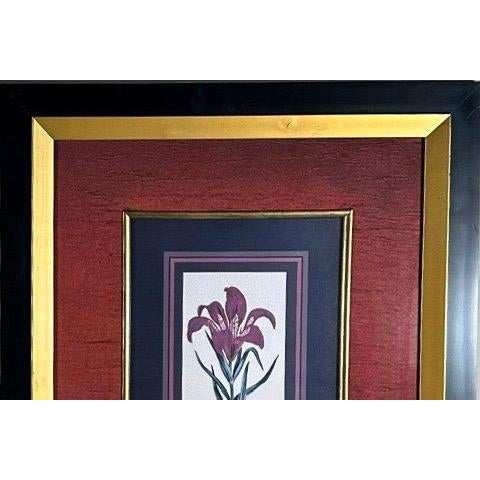 Vintage Framed Stylized Red Lily Botanical Lithograph Prints Pair For Sale - Image 10 of 12