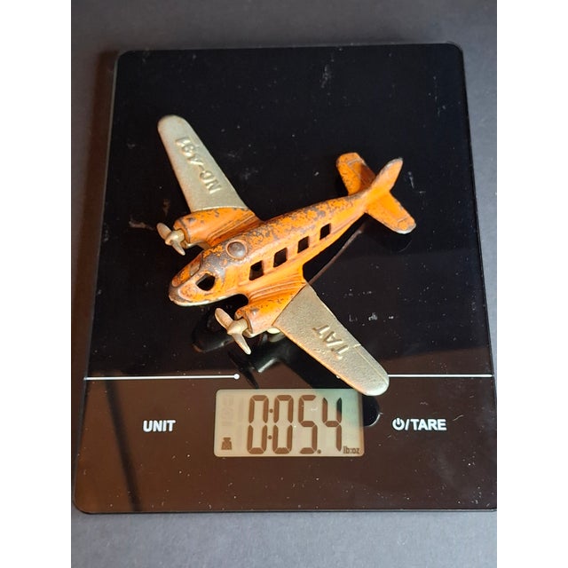 Share Vintage 1930s Hubley Cast Iron Tat Nc-491 Dual Prop Airplane Toy Orange Nickel For Sale - Image 9 of 15