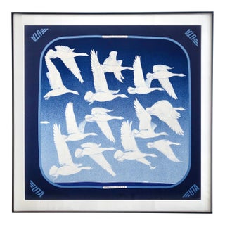 Framed Hermès Silk Scarf "Oiseaux Migrateurs" by Caty Latham - Midnight Black Frame - Very Rare For Sale