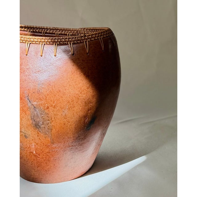 Pair of Vintage Indonesian Ceramic Vessels With Hand-Woven Rattan Rim For Sale - Image 16 of 18