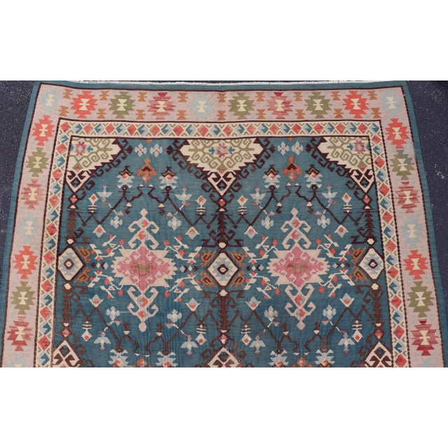 Vintage Turkish Kilim Rug in Blue, Coral, Ivory, and Olive 5'7 X 14'2 For Sale - Image 4 of 13