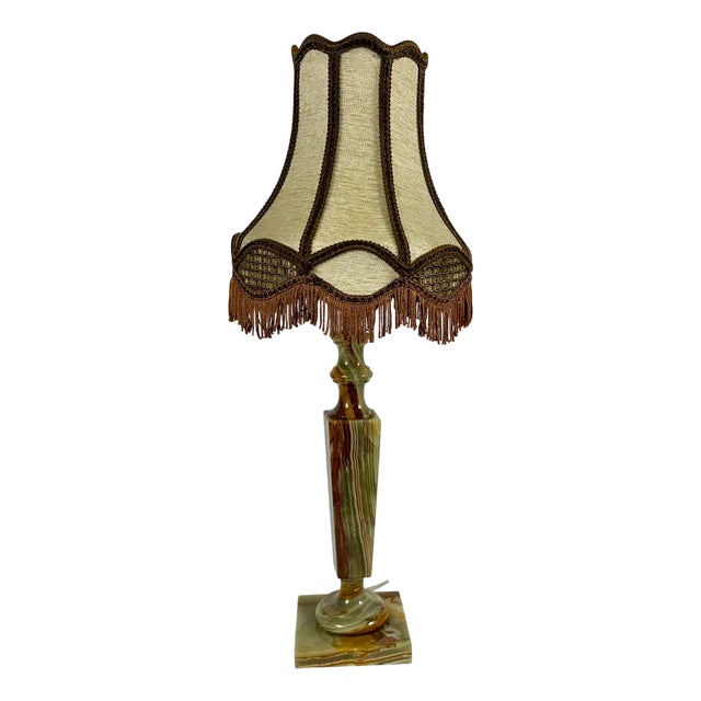 Vintage Table Lamp with Textile Shade Onyx Base Bedside Light, Belgium, 1970s For Sale