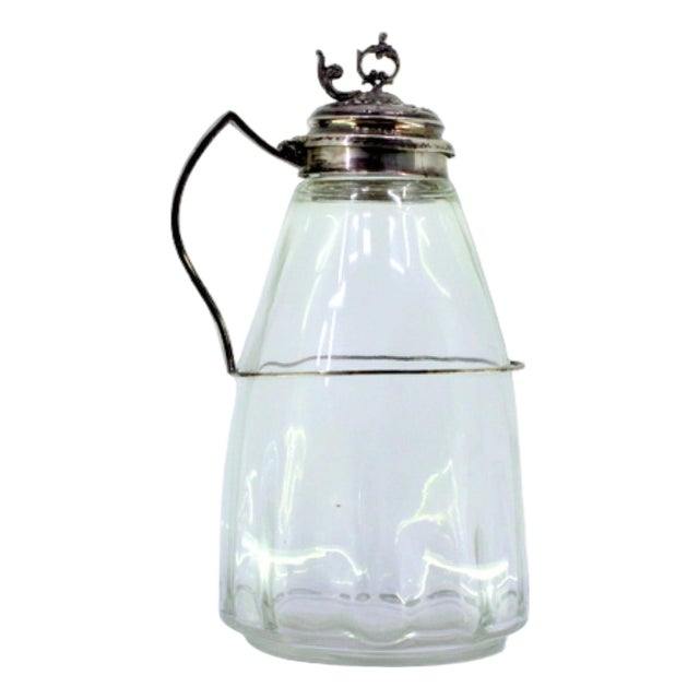 Glass Wine Jug with Silver Stand and Raised Application Lid with Hollow Knob For Sale