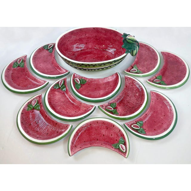 1970's Italian Trompe l'Oeil Watermelon Bowl & Plates - Set of 11 For Sale - Image 4 of 8
