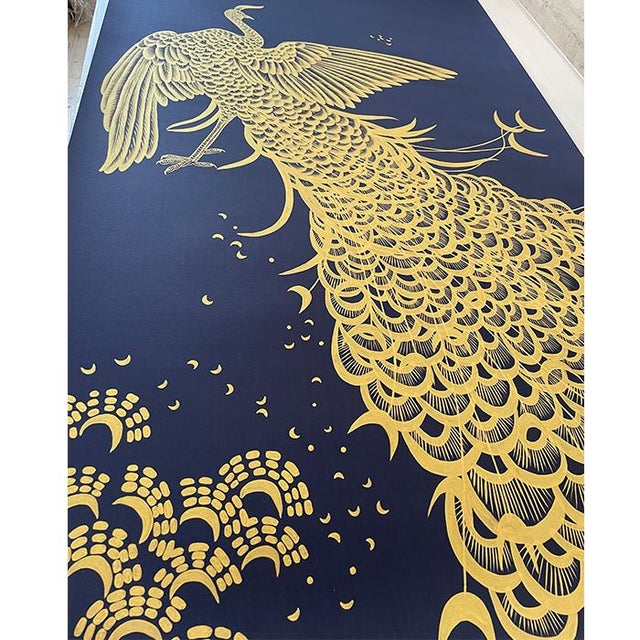 Chinoiserie Hand-Painted Chinoiserie Peacock Mural - Navy Blue & Gold Wallpaper for Luxury Entryway, Customizable For Sale - Image 3 of 4