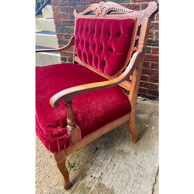 Victorian Vintage Victorian-Style Wine Red Velvet Loveseat For Sale - Image 3 of 17