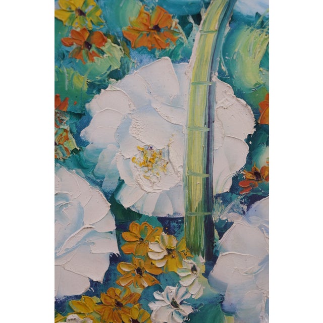 Vintage Impressionist Floral Oil Painting White Roses in Basket Framed 41" For Sale - Image 10 of 10