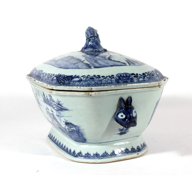 River Pavilion: Chinese Export Porcelain Blue & White Tureen Circa 1775 This Chinese Export porcelain soup tureen and...