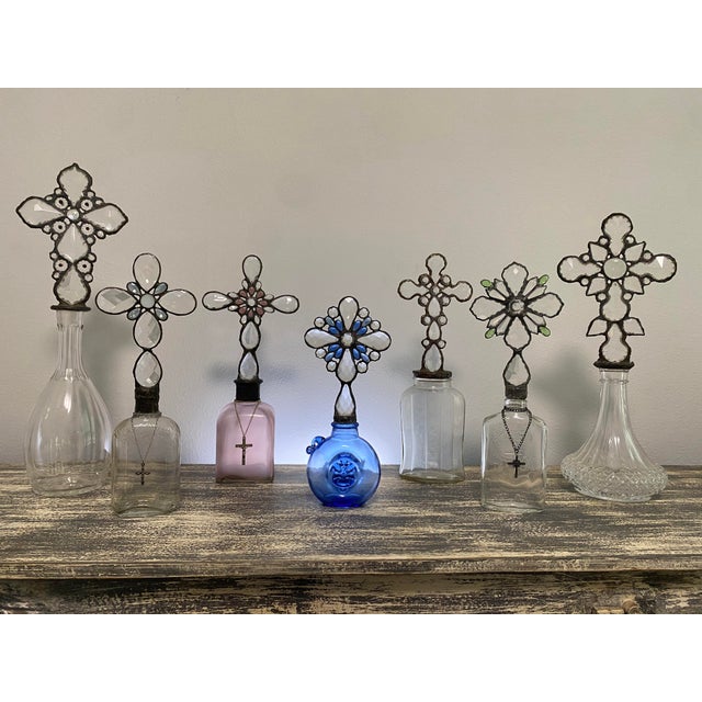 Metal Handmade Crystal Cross Assemblage Sculpture on Cut Glass Bottle For Sale - Image 7 of 7