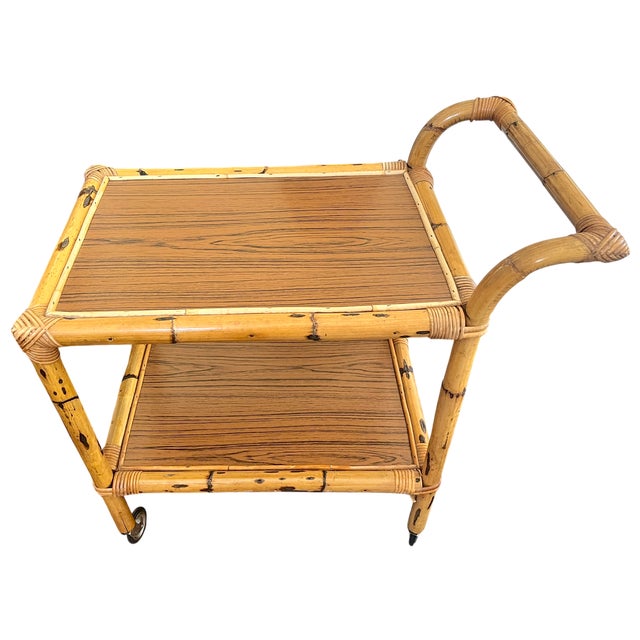 Traditional 1960s Burnt Bamboo & Rattan Wrapped Two-Tier Drinks or Bar Cart on Casters For Sale - Image 3 of 12