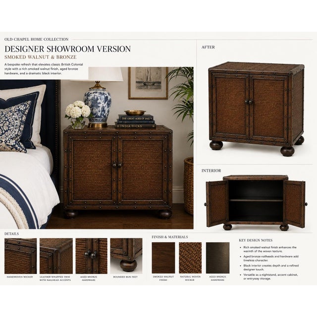English Vintage Ralph Lauren Style Woven Cabinet With Saddle Leather Trim For Sale - Image 3 of 3