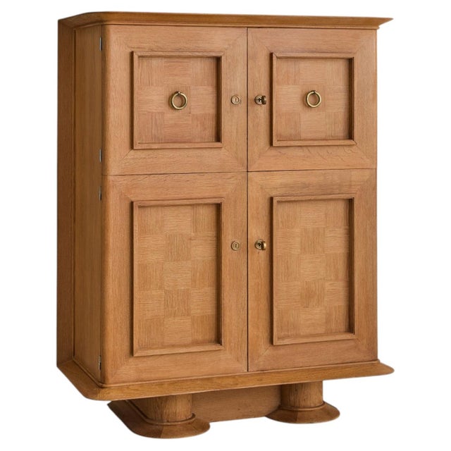 French Oak Bar Cabinet with Parquetry + Mirrored Interior, 1940s For Sale