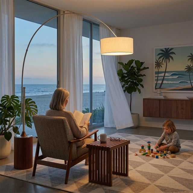 The Tambo Arc Lamp is a striking Mid-Century Modern lighting piece designed by Peter Morelli in 1984. Its sweeping arc...
