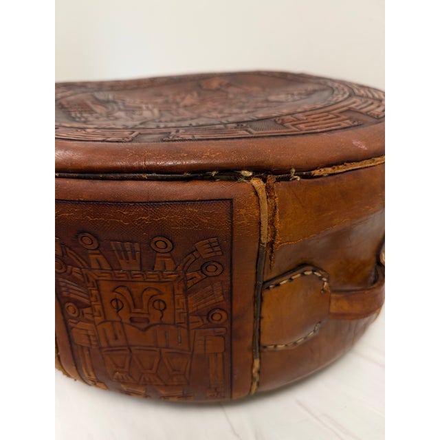 Vintage Peruvian Hand-Tooled Leather Ottoman For Sale - Image 16 of 17