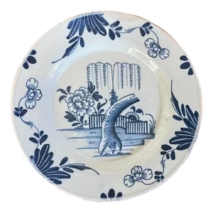 Antique 18th Century Delft Blue & White Tin Glazed Faience Pottery Plate in the Chinese Taste With Fence, Peony and Willow Tree