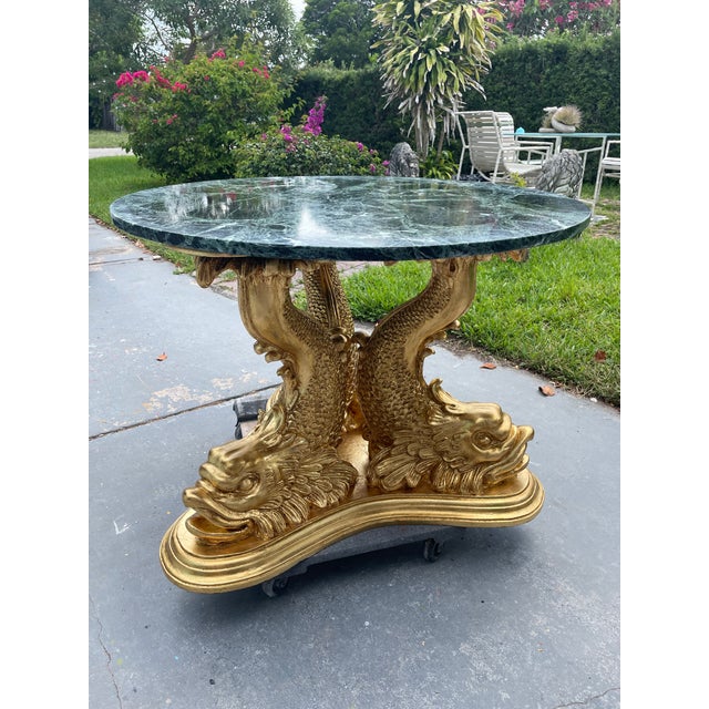1910s Rare Italian Dolphin Table, Circa 1910–1930, Restored Gold Leaf & Original Green Marble For Sale - Image 5 of 12