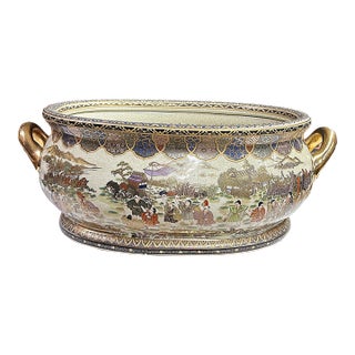Porcelain Oriental Golden Color Satsuma Graphic Oval Pot For Sale