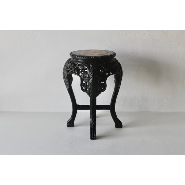 Asian Carved Rosewood Style Wood Stool Plant Stand With Inset Marble Top Vintage Mid-Century For Sale - Image 9 of 17