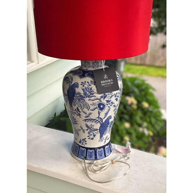 Large Blue & White Ginger Jar Lamp (new with tags) with Vintage Red Silk Shantung Lamp Shade - 32" Blue‑and‑white ginger...