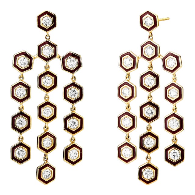 Syna Yellow Gold Hex Chandelier Earrings with Red Enamel and Diamonds, a Pair For Sale