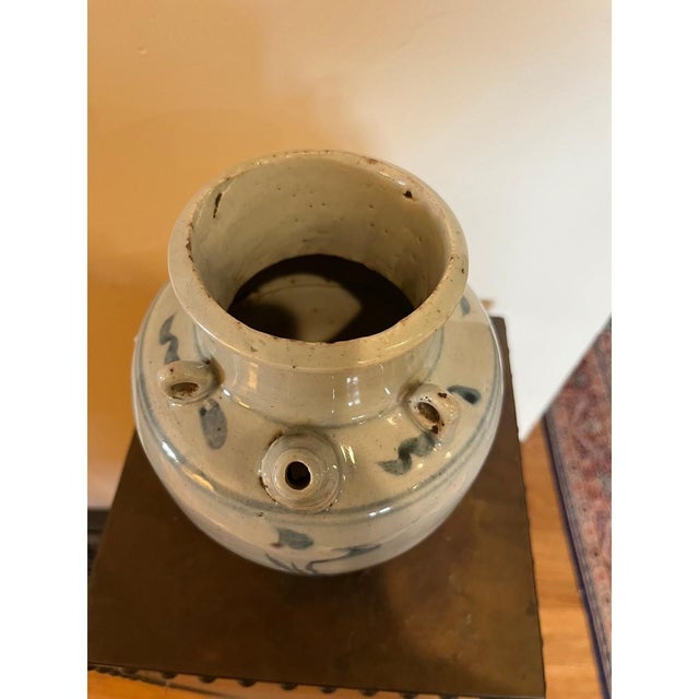 Antique 19th C Korean Style Blue & White Spouted Jar - 8" - 4-Lug Jar For Sale - Image 4 of 9