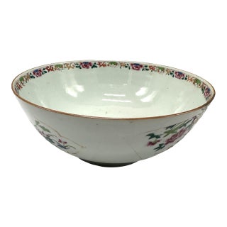 18th C. Qianlong Chinese Export Famille Rose Gilt 12 Inch Punch Bowl, Antique Qing Dynasty Chinoiserie Porcelain Centerpiece, Mandarin Palette For Sale