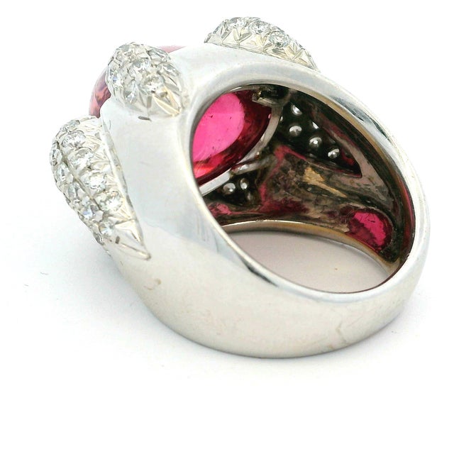 1970s Italian 18k White Gold Rubellite and Diamond Sculptural Statement Ring, Size 7 For Sale - Image 9 of 11