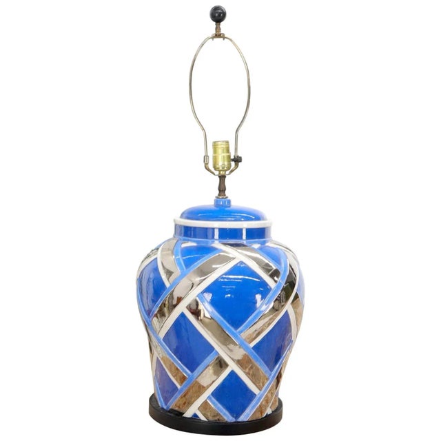 Mid-Century Modern Large Oversize Glazed Pottery Table lamp Blue and Chrome For Sale - Image 9 of 9