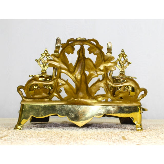 Antique Large Early 20th Century Inkwell Polished Solid Brass Ornamental Renaissance Style Dual Inkwell For Sale - Image 4 of 10